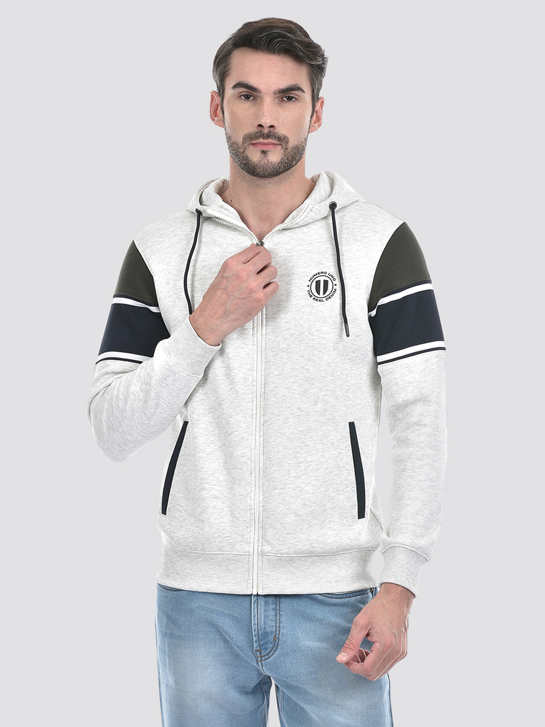 Numero Uno Men Grey Color Block Hooded Neck Brushed Fleece Sweatshirt